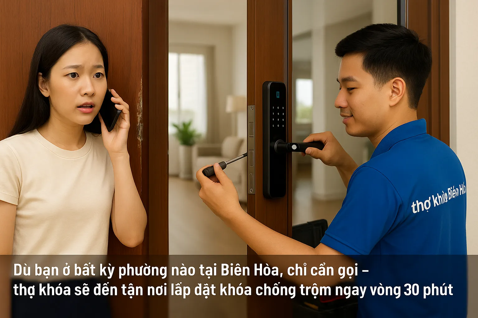 Thợ khóa Biên Hòa đang nghe điện thoại hỗ trợ khách mở khóa tận nơi