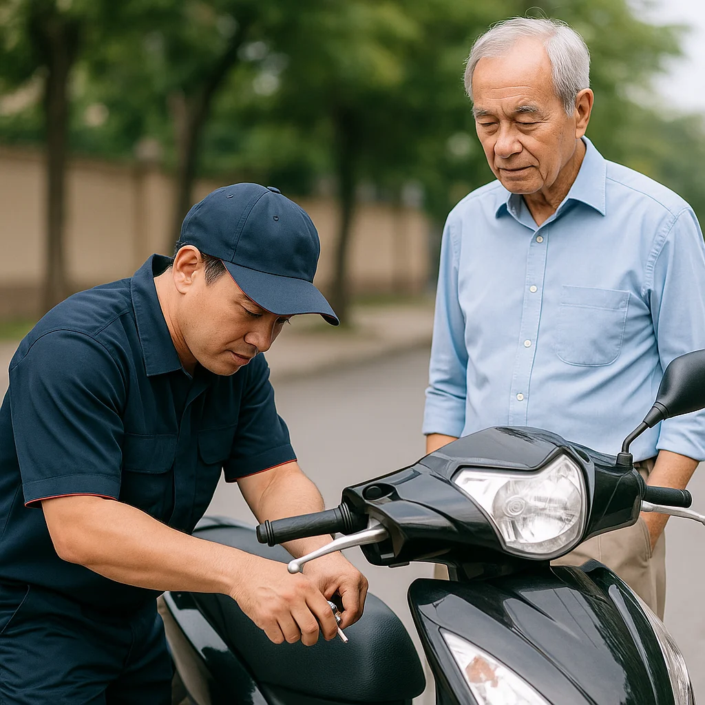 Thợ khóa mở khóa xe máy ngoài đường cho khách lớn tuổi