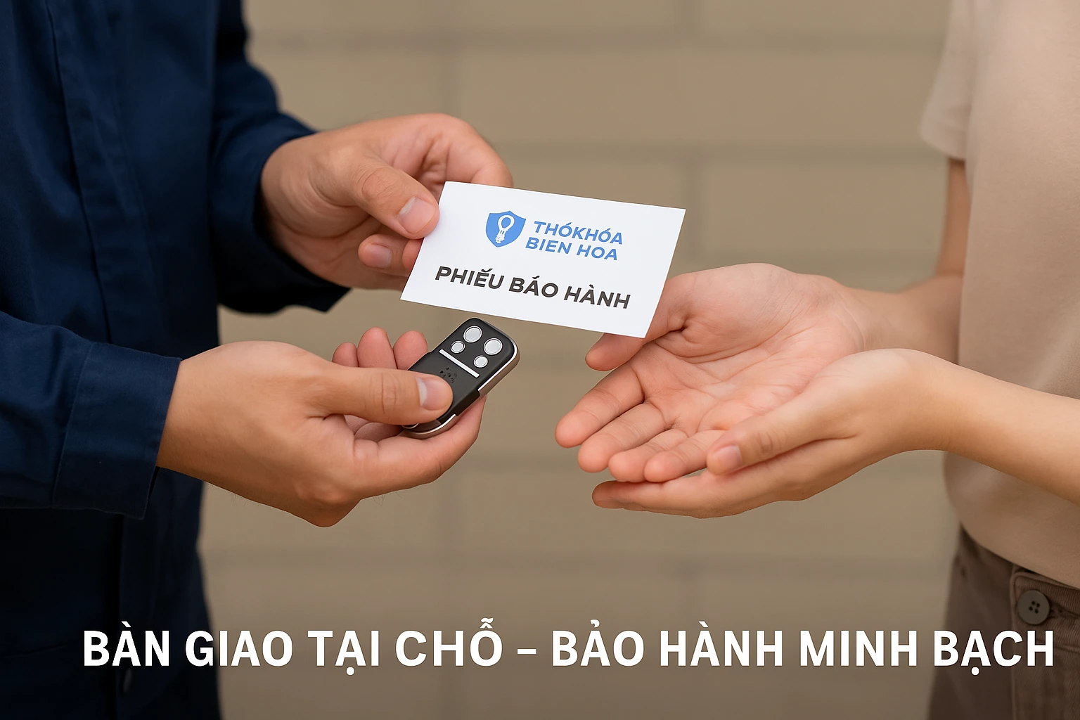 Thợ khóa trao remote mới và phiếu bảo hành cho khách hàng tại Biên Hòa