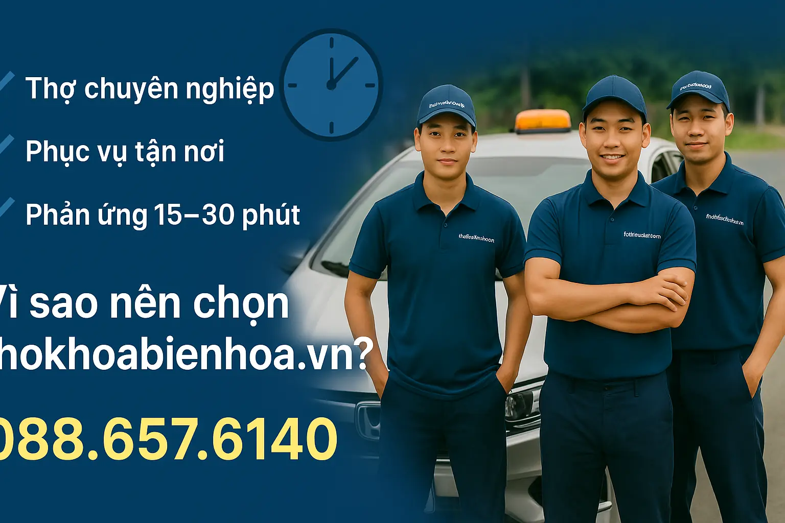 Banner dịch vụ cứu hộ ô tô Biên Hòa – thợ khóa có mặt sau 15 phút
