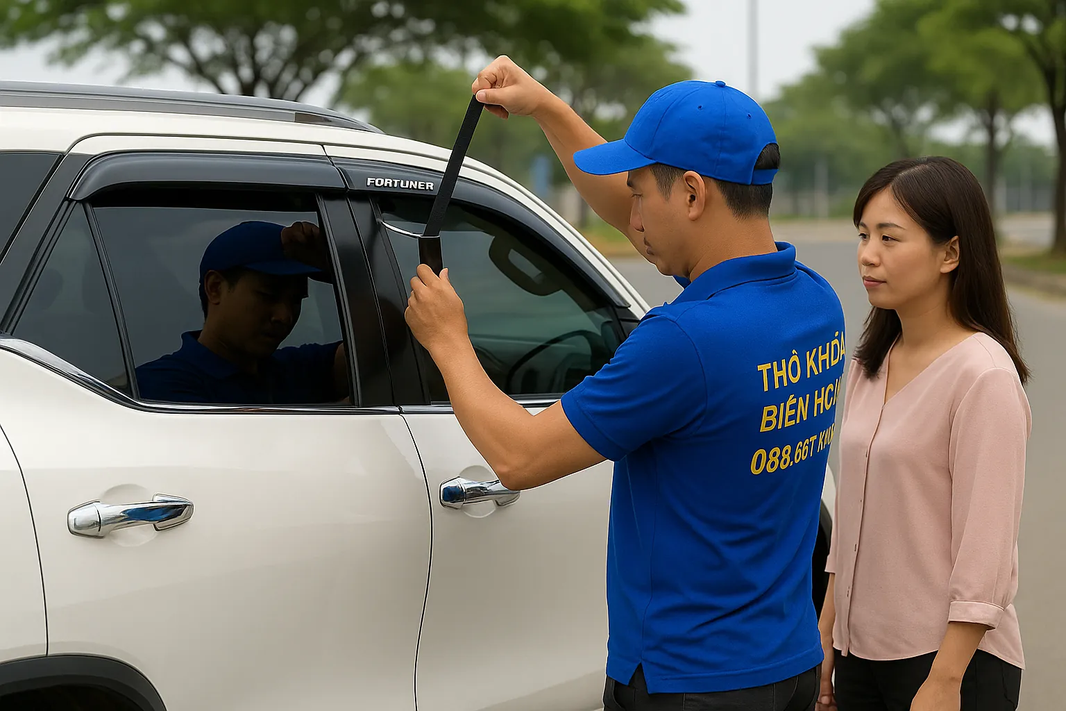 Thợ khóa Biên Hòa mở cửa ô tô bằng bộ bơm khí và cần móc chuyên dụng