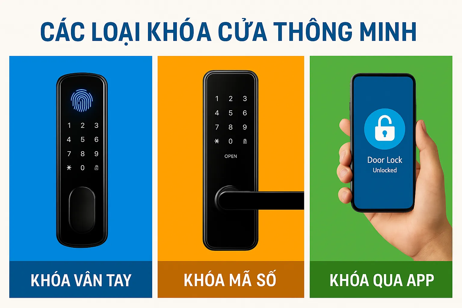 Các loại khóa cửa thông minh: khóa vân tay, khóa mã số, khóa điều khiển qua app