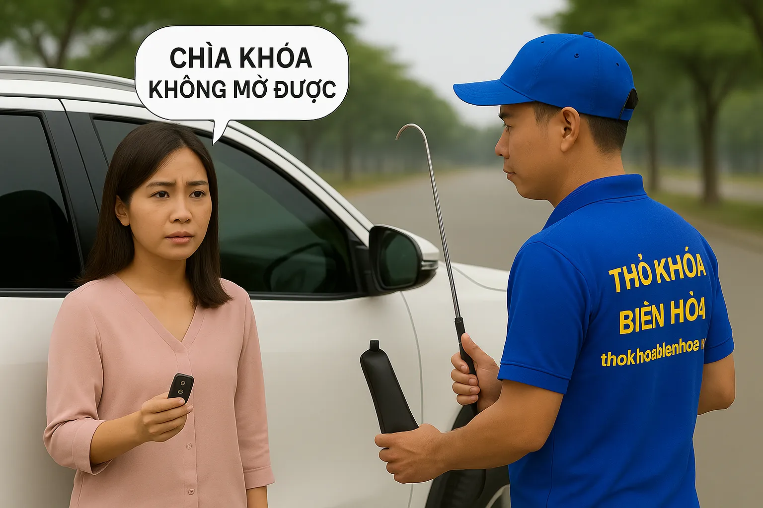 Nữ tài xế nói 'Chìa khóa không mở được', thợ khóa Biên Hòa cầm túi bơm và móc cửa chuyên dụng