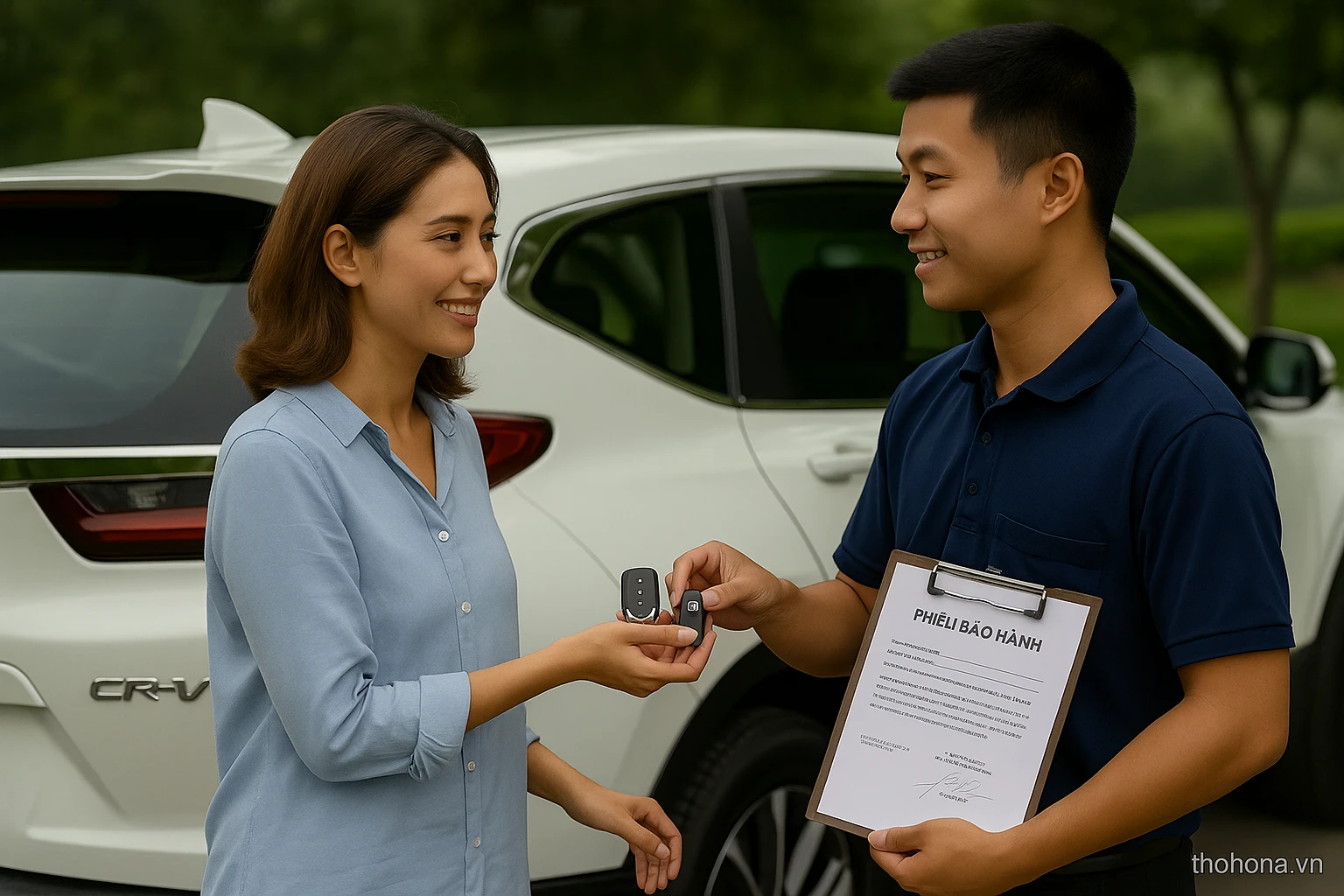 Khách hàng nữ nhận chìa khóa smartkey Honda CRV mới và phiếu bảo hành từ thợ khóa Biên Hòa