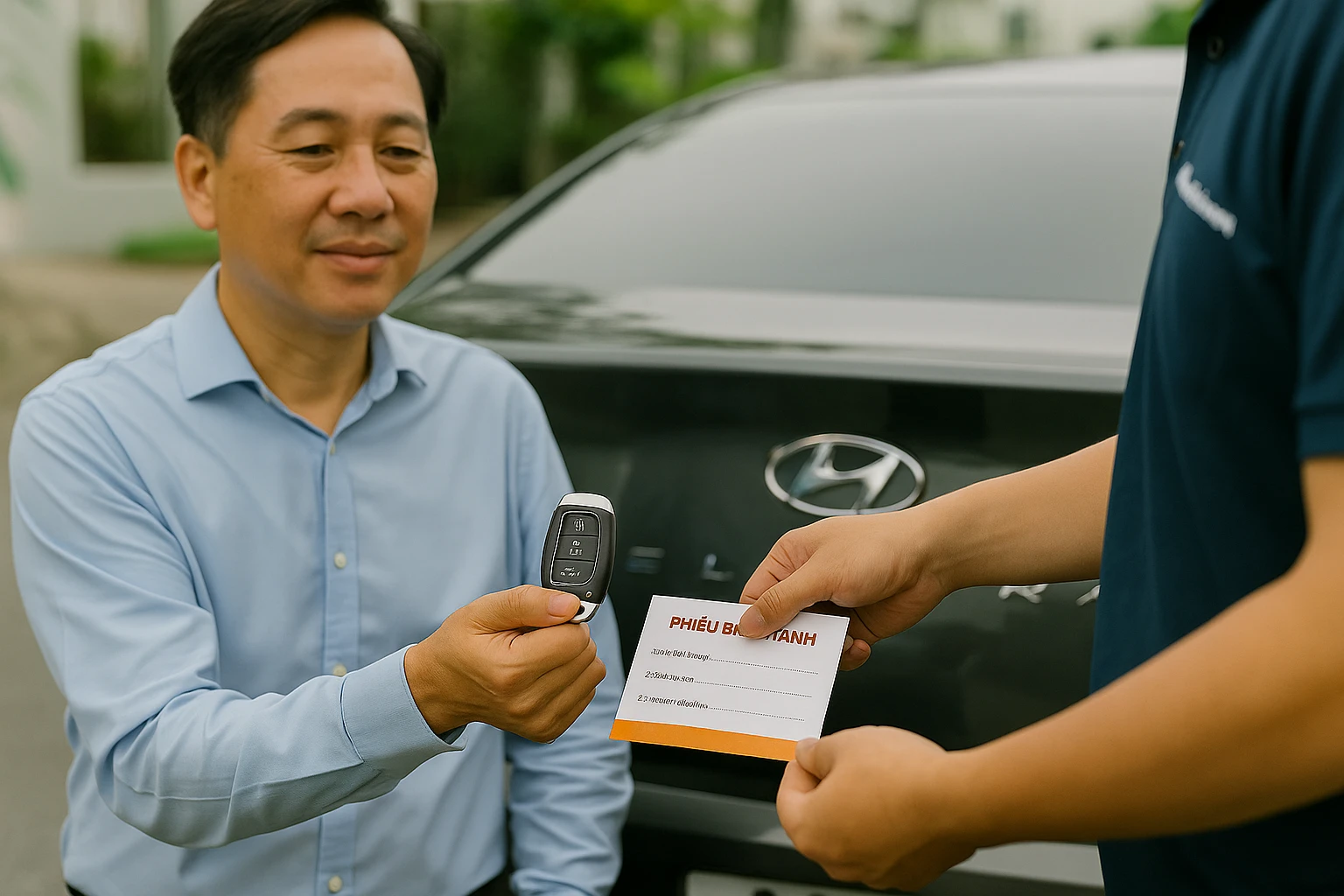 Thợ khóa Biên Hòa bàn giao chìa smartkey Hyundai Elantra và phiếu bảo hành cho khách