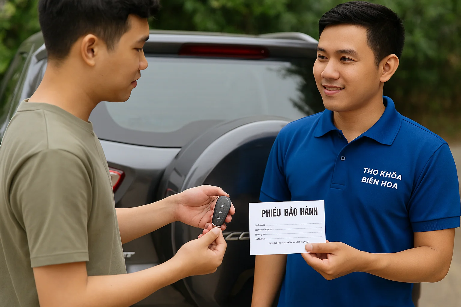 Thợ khóa Biên Hòa trao chìa smartkey và phiếu bảo hành cho khách hàng xe Ford EcoSport