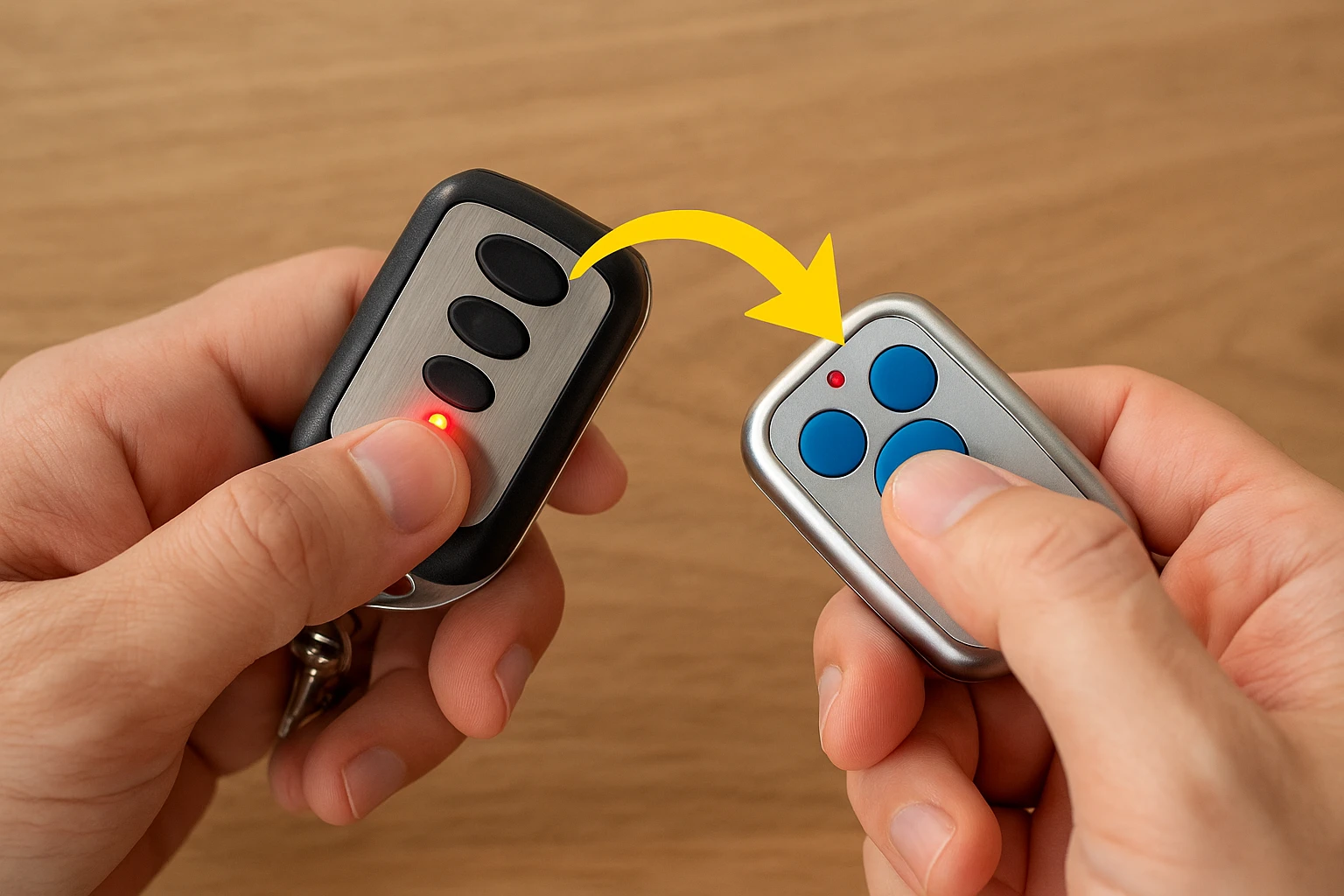 Hai tay đang sao chép remote cửa cuốn bằng cách học lệnh trực tiếp