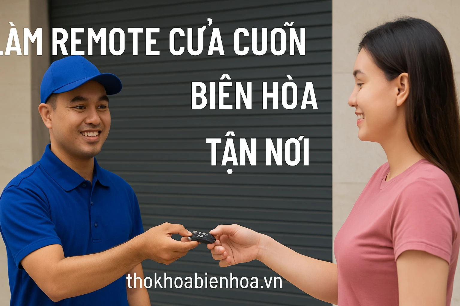 Khách hàng nhận remote cửa cuốn mới từ thợ khóa Biên Hòa