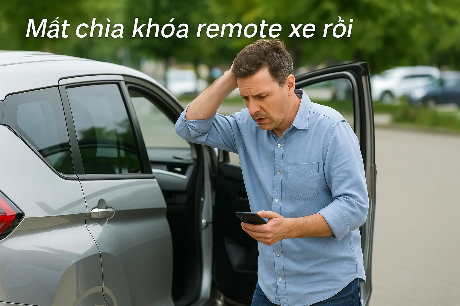 Khách hàng đang lo lắng vì mất chìa khóa remote ô tô, đứng bên xe Xpander đang mở cửa