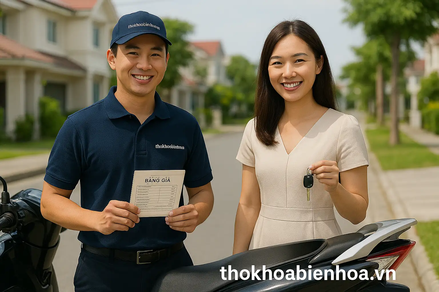 Thợ khóa Biên Hòa cùng khách hàng nữ cạnh chiếc xe Lead vừa được mở cốp, cười tươi sau khi lấy lại chìa khóa quên bên trong