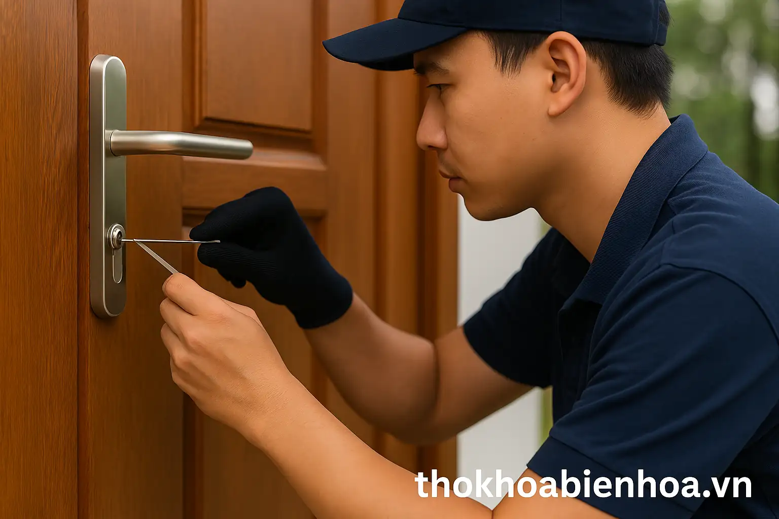 Thợ khóa đang mở khóa tay gạt cửa gỗ tại nhà khách bằng dụng cụ chuyên dụng