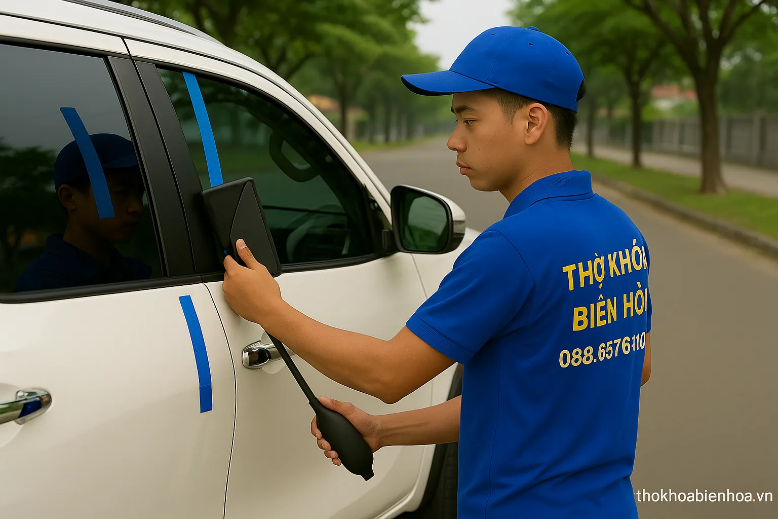 Thợ khóa dùng túi khí và miếng đệm bảo vệ ron cửa khi mở ô tô bằng bộ bơm