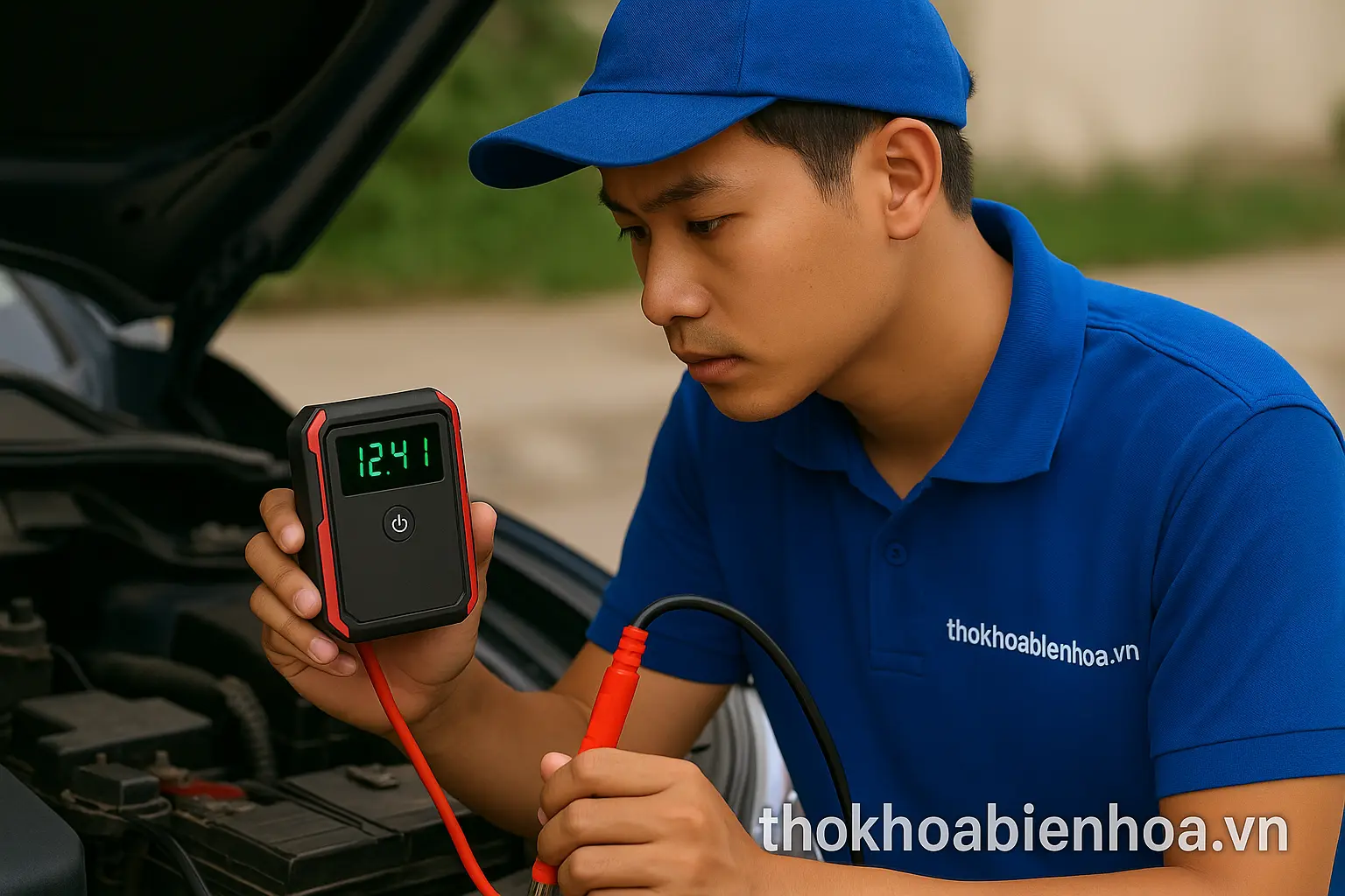 Thợ khóa Biên Hòa kiểm tra bình ắc quy ô tô tại chỗ