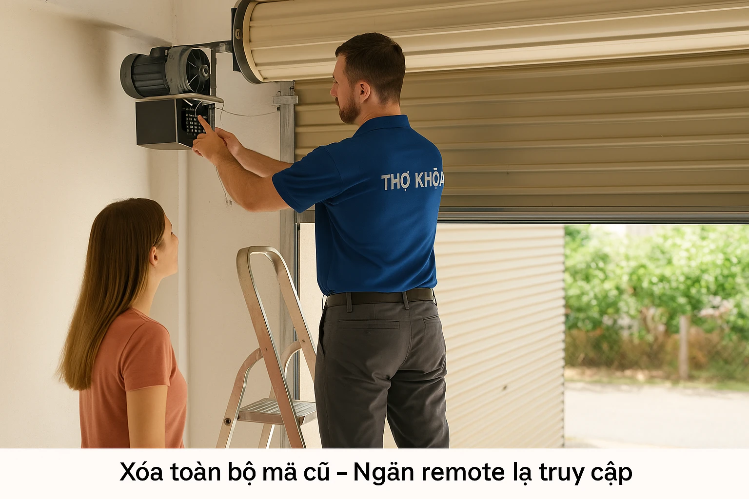 Thợ khóa đang reset hộp điều khiển cửa cuốn, khách hàng đứng quan sát