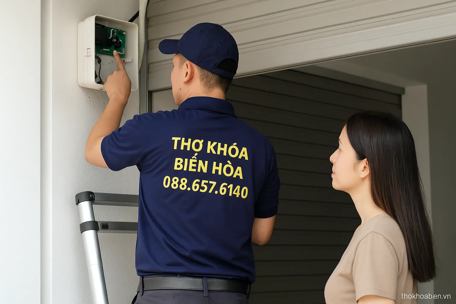 Thợ khóa Biên Hòa đang kiểm tra hộp điều khiển motor cửa cuốn và thao tác trên nút Learn