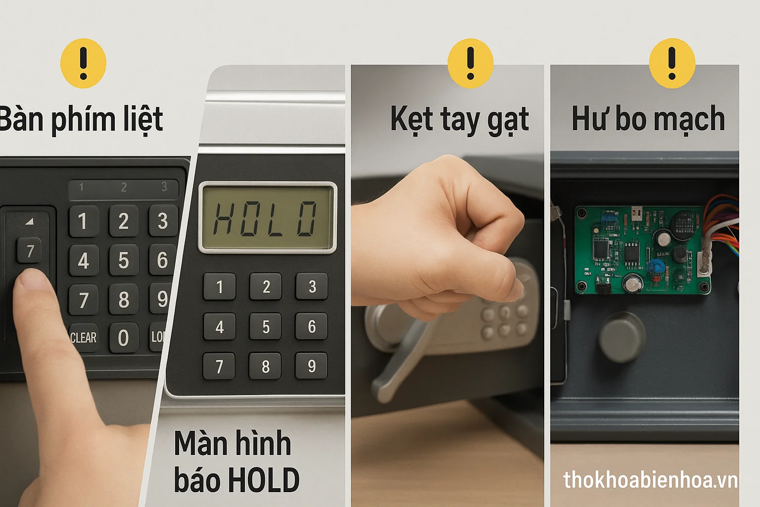 Các lỗi thường gặp ở két sắt điện tử như bàn phím liệt, màn hình báo HOLD, kẹt tay gạt, hư bo mạch